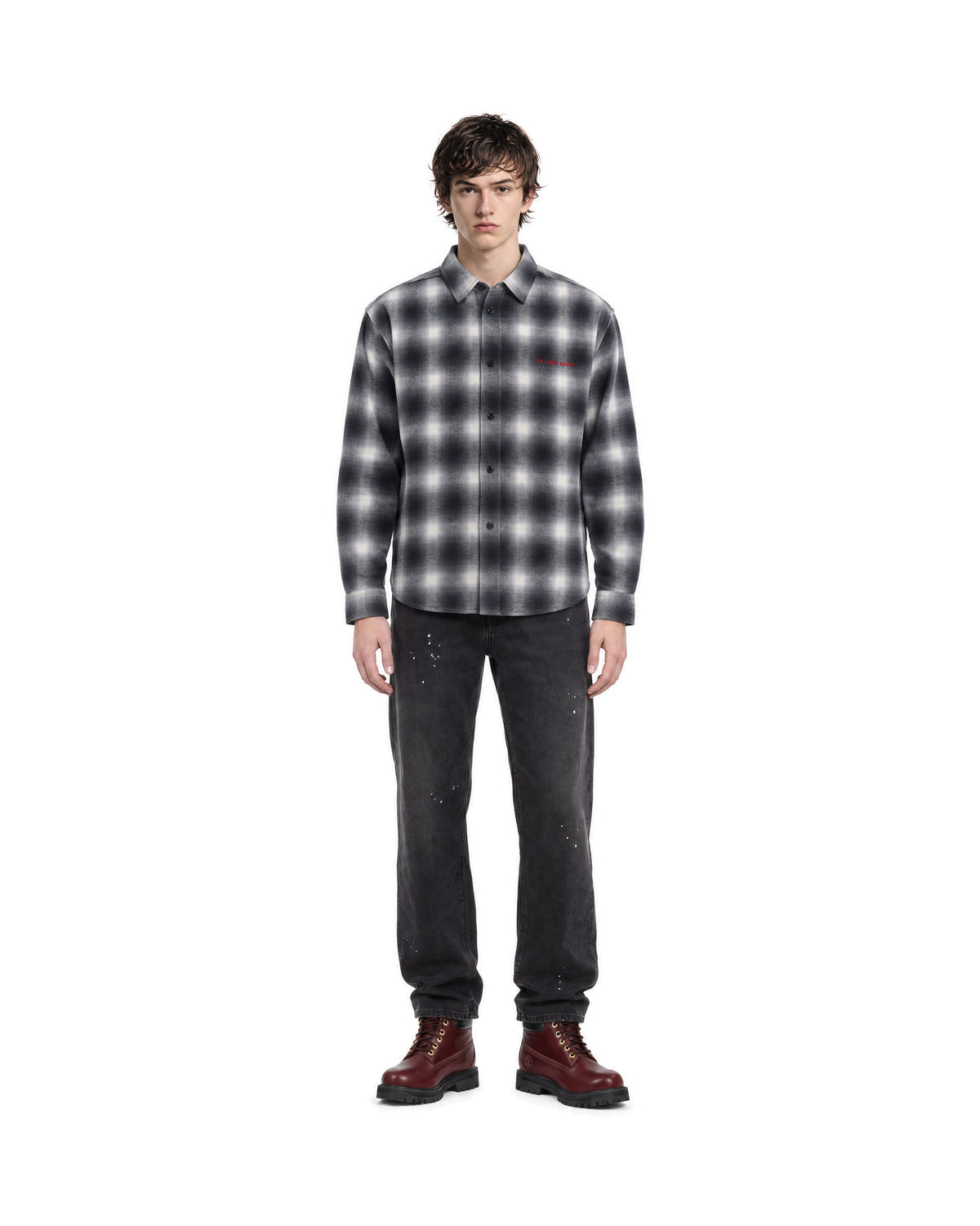 
Flannel Overshirt Shirt – Gray Dark Red Patch