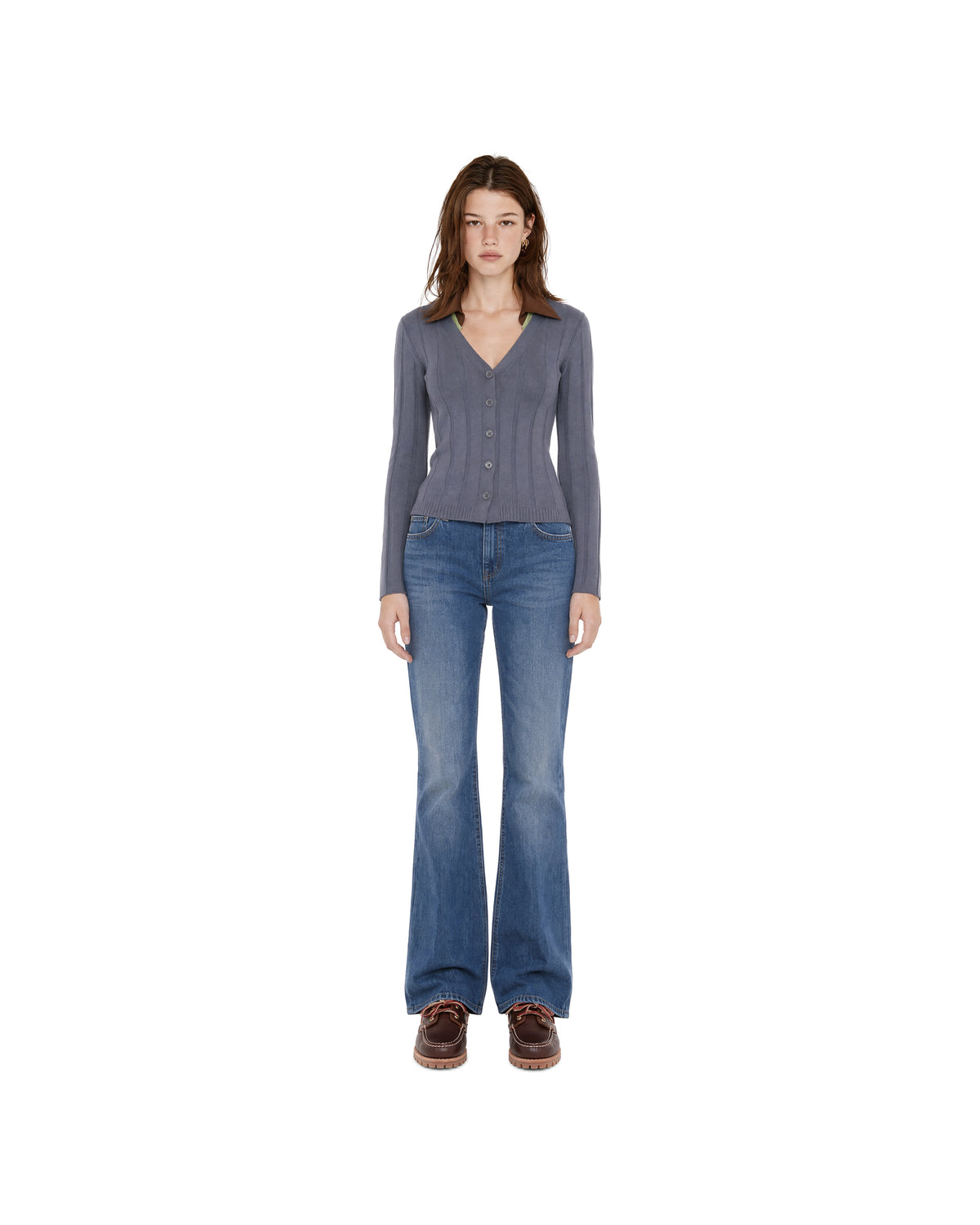 
Ribbed Cardigan – Bluish Grey/Brown