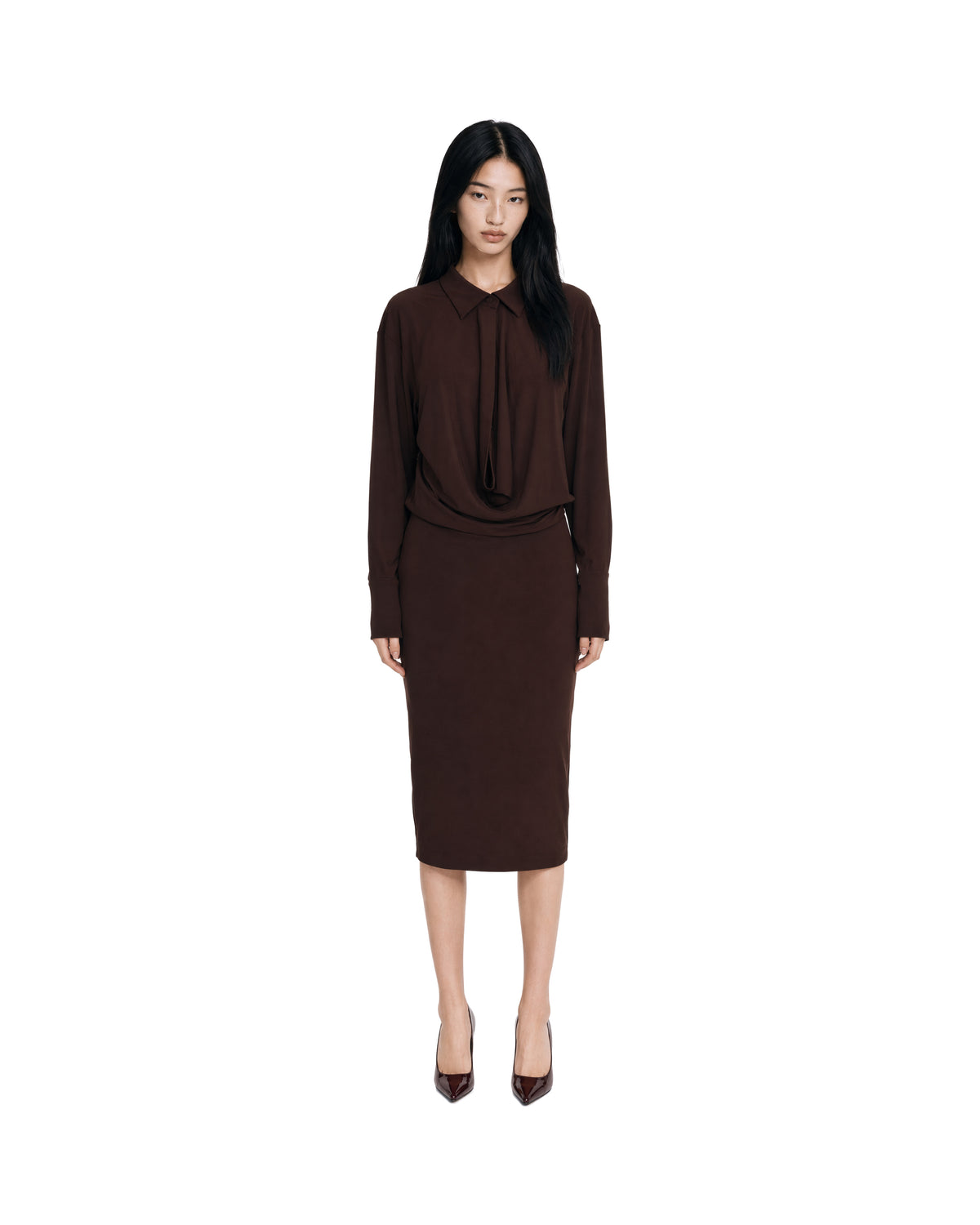 
Draped Midi Dress – Dark Brown